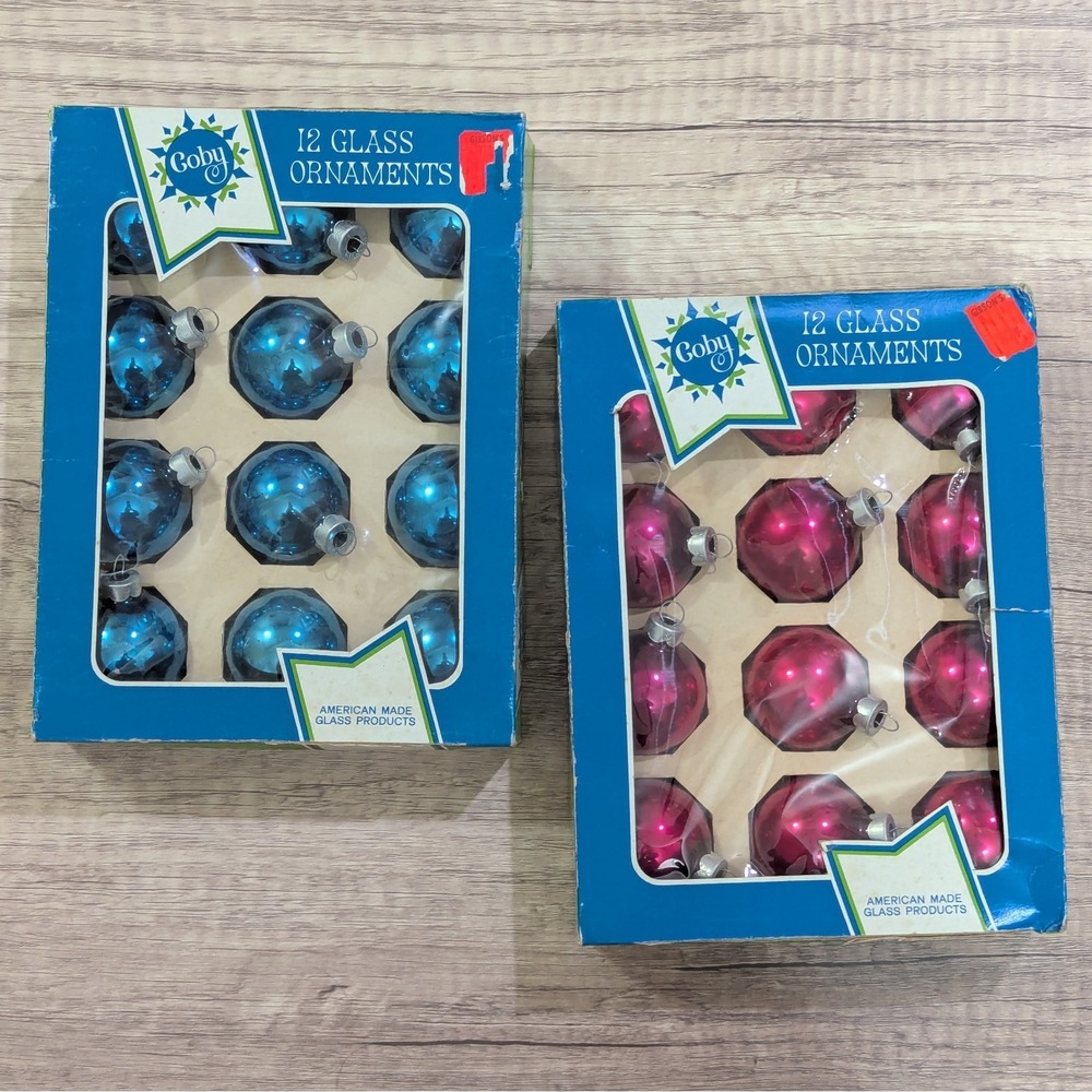 24 Coby Glass Christmas Ornaments 2 Boxes Blue & Pink 2" Vintage Condition